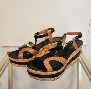 Leather and Cork Black and Tan Wedge Sandals